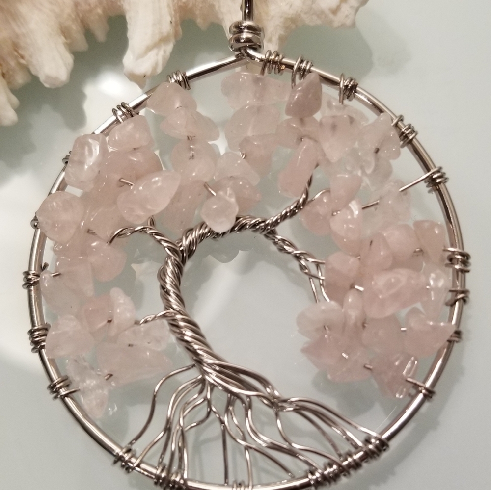 Tree of Life Natural Rose Quartz Pendant NWT